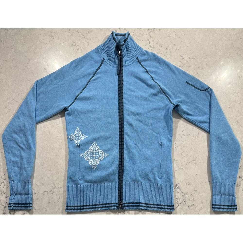 Athleta Snowplow Sweater Womens Medium Blue Full Zip Knit Jacket Snowflake Logo